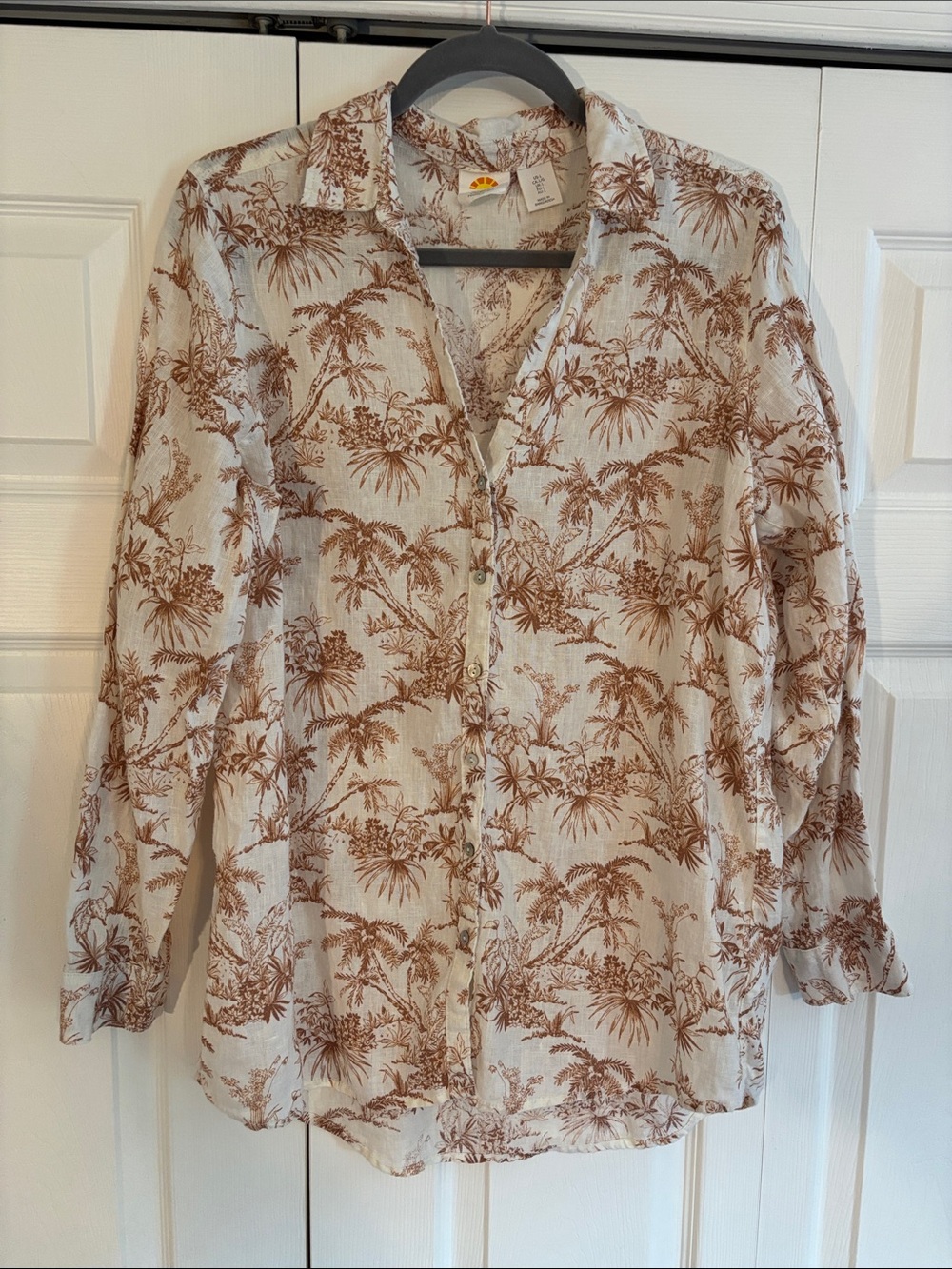 Lightweight Linen Palm-Print Button-Down Shirt